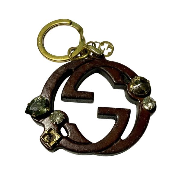 Gucci Brown Wood and Crystals Charm Ring Keychain Bag charm - Picture 1 of 12